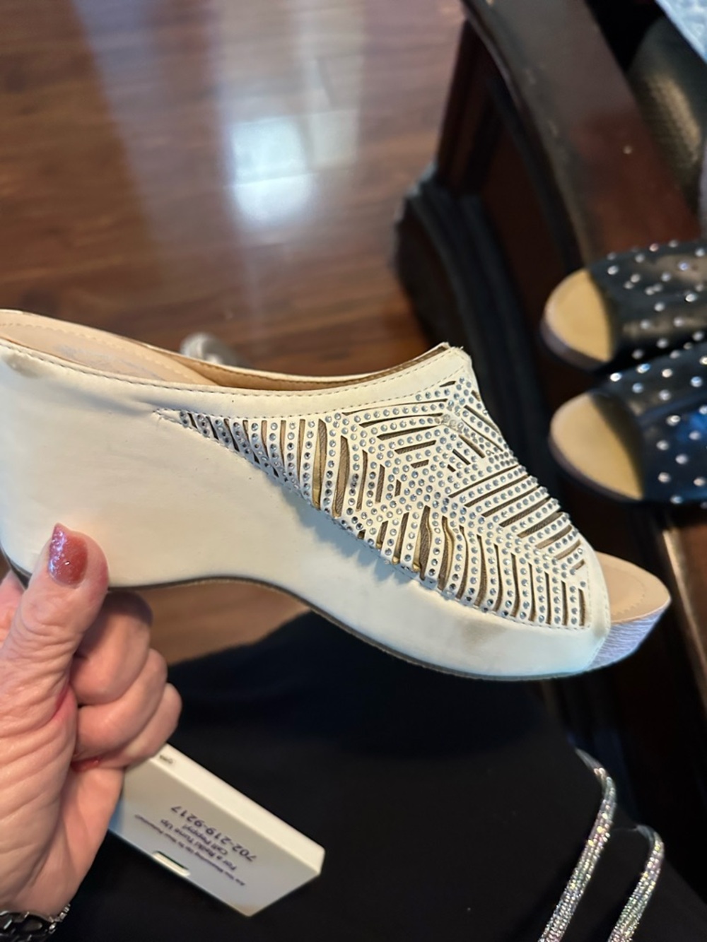 Italina Cream Cutout Slip-On Mules with Rhinestone Detail heals 3”